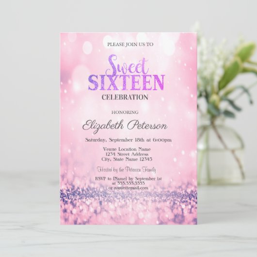 Invitation Parties scintillant rose moderne Bokeh Sweet 16 (Debout devant)