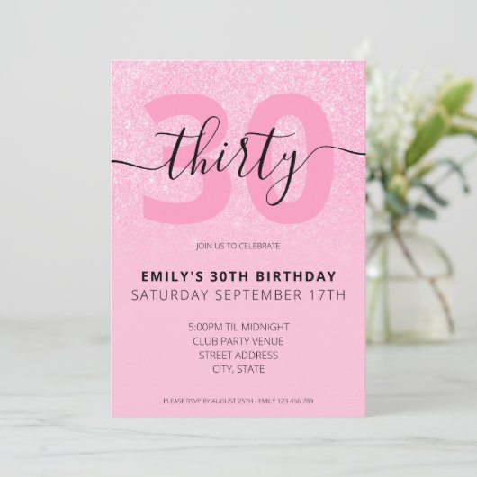 Invitation Parties scintillant rose moderne Élégant Script 30 (Debout devant)