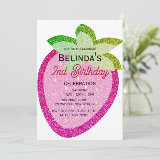 Invitation Parties scintillant rose mousseux Y2K fraise 2e an (Debout devant)