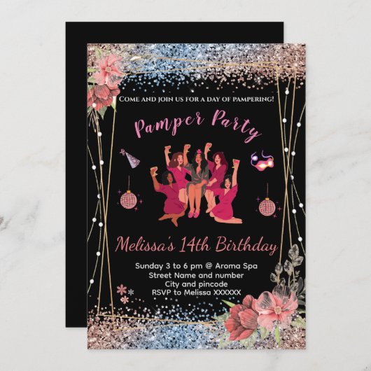 Invitation Parties scintillant rose/noir ados filles Pamper i (Devant / Derrière)