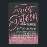Invitation Parties scintillant rose noir moderne Typographie<br><div class="desc">Cette invitation moderne et girly Sweet 16 est le design parfait pour la fille d'anniversaire chic et tendance. Il présente un joli et glamour faux imprimé rose scintillant parties scintillant séquin et noir dégradé. Il représente également la parties scintillant rose brillant, "Sweet sixteen" typographie de coup de pinceau. Le design...</div>