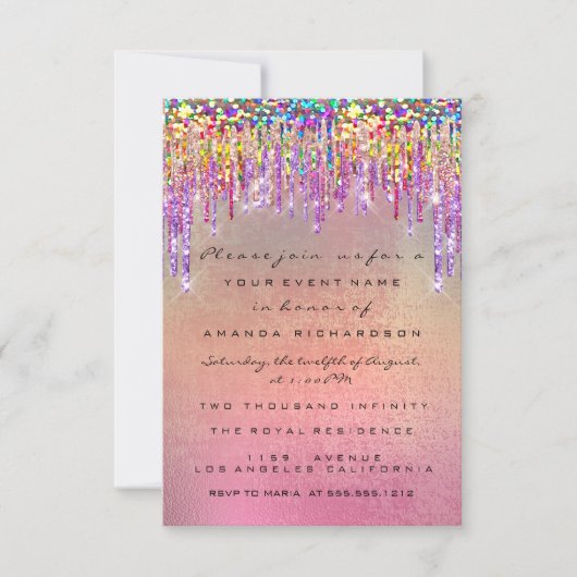 Invitation Parties scintillant  Rose nuptiale 16e Rainbow lic (Devant)