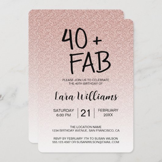 Invitation Parties scintillant rose Ombre 40 Fabuleux 40e ann (Devant / Derrière)