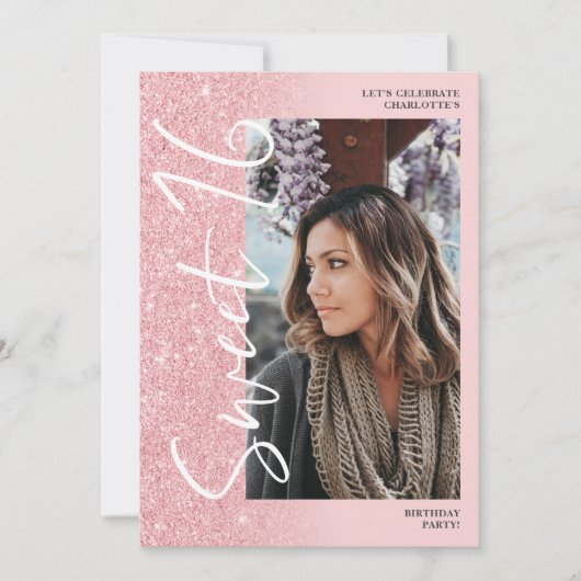 Invitation Parties scintillant rose ombre script 4 photos Swe (Devant)