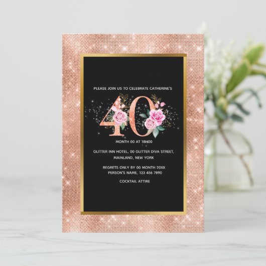 Invitation Parties scintillant rose or 40e anniversaire confe (Debout devant)