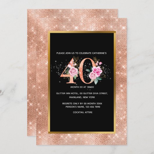 Invitation Parties scintillant rose or 40e anniversaire confe (Devant / Derrière)