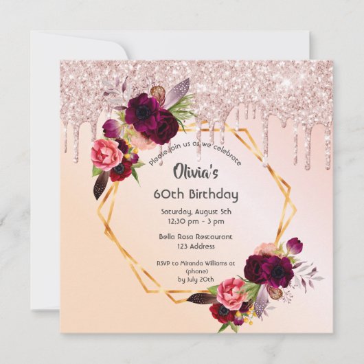 Invitation Parties scintillant rose or 60e anniversaire fleur (Devant)