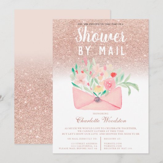 Invitation parties scintillant rose or baby shower floral par (Devant / Derrière)