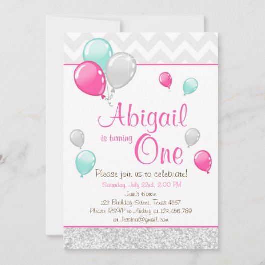 Invitation Parties scintillant rose or Ballons Anniversaire I (Devant)