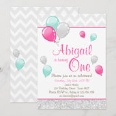 Invitation Parties scintillant rose or Ballons Anniversaire I (Devant / Derrière)