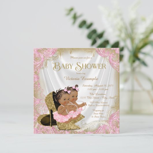 Invitation Parties scintillant rose or Chaussure Twin Baby sh (Debout devant)