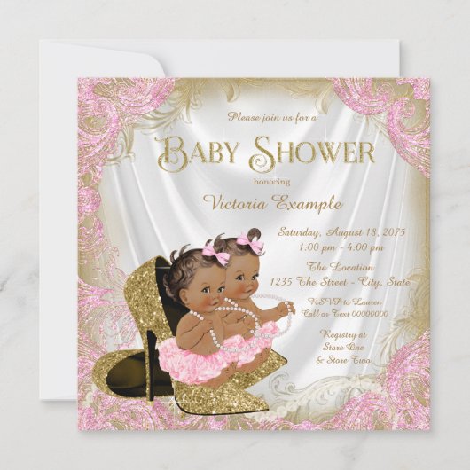 Invitation Parties scintillant rose or Chaussure Twin Baby sh (Devant)