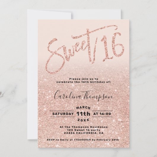 Invitation parties scintillant rose or chic script blush Swee (Devant)