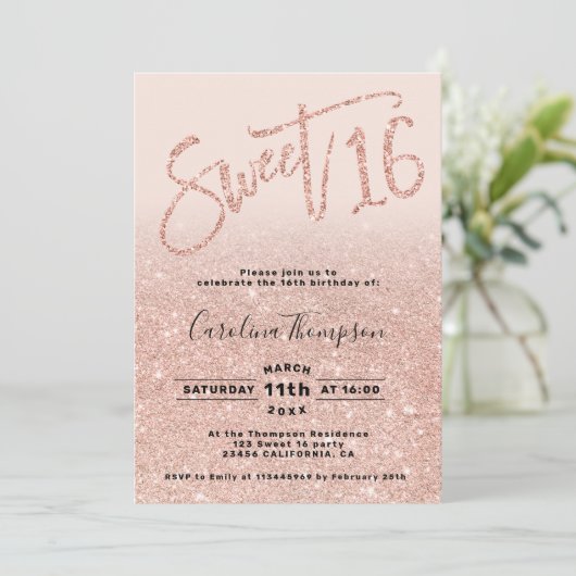 Invitation parties scintillant rose or chic script blush Swee (Debout devant)