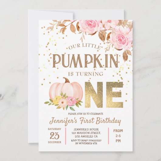 Invitation Parties scintillant rose or Citrouille Floral Girl (Devant)