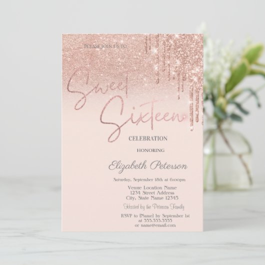 Invitation Parties scintillant rose or, Déchets doux 16 (Debout devant)