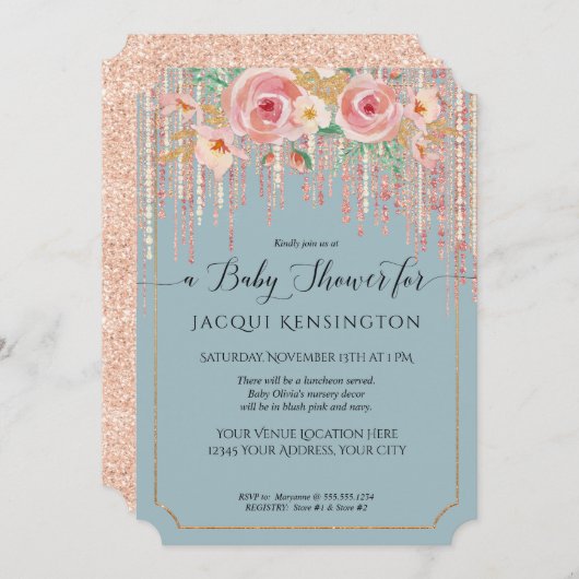 Invitation Parties scintillant rose or Dusty Blue Blush Flora (Devant / Derrière)