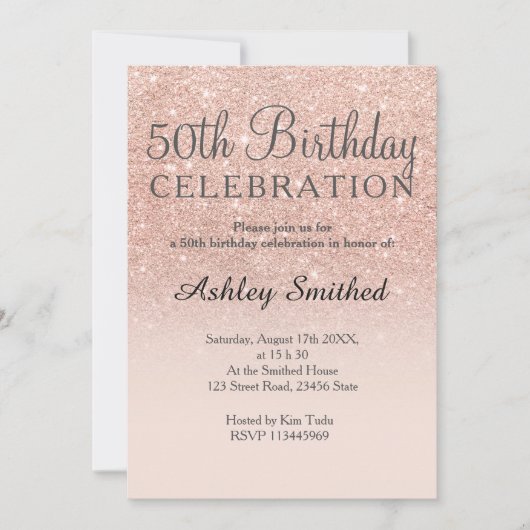 Invitation parties scintillant rose or faux rose ombre 50e an (Devant)