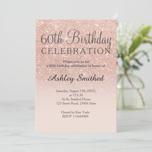 Invitation parties scintillant rose or faux rose ombre 60e an (Debout devant)