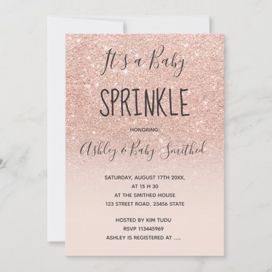 Invitation parties scintillant rose or faux rose ombre bébé s (Devant)