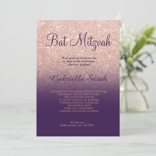 Invitation parties scintillant rose or faux violet ombre Bat (Debout devant)
