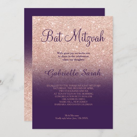 Invitation parties scintillant rose or faux  violet ombre Bat (Devant / Derrière)