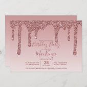 Invitation Parties scintillant Rose or Fille gouttes Annivers (Devant / Derrière)