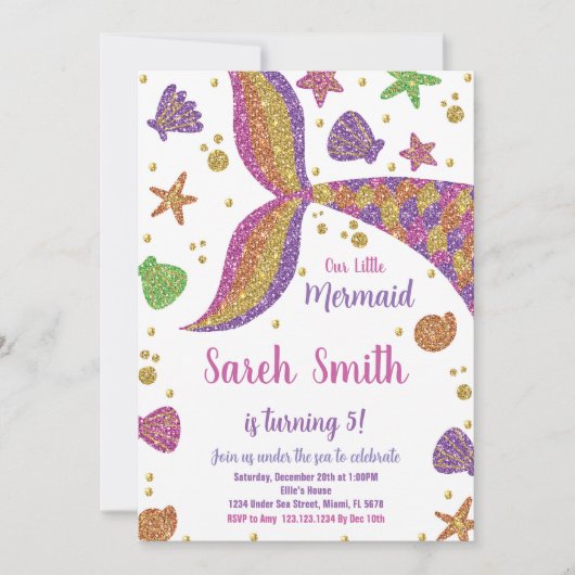 Invitation Parties scintillant rose or Mermaid Queue Annivers (Devant)