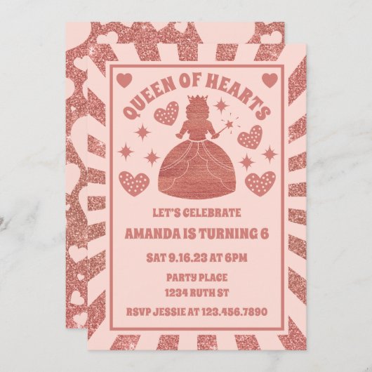 Invitation Parties scintillant rose Or Reine des Coeurs Anniv (Devant / Derrière)