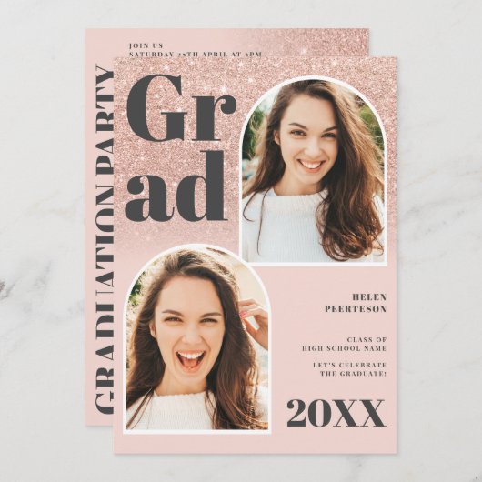 Invitation parties scintillant rose or rose arc 3 photos grad (Devant / Derrière)