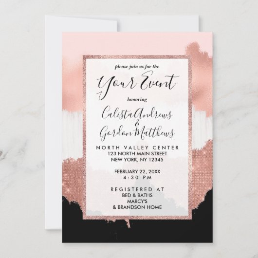 Invitation Parties scintillant rose or Rose moderne fille bro (Devant)
