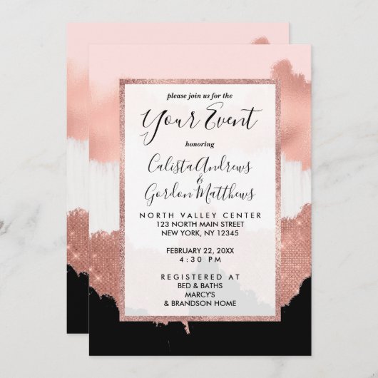 Invitation Parties scintillant rose or Rose moderne fille bro (Devant / Derrière)