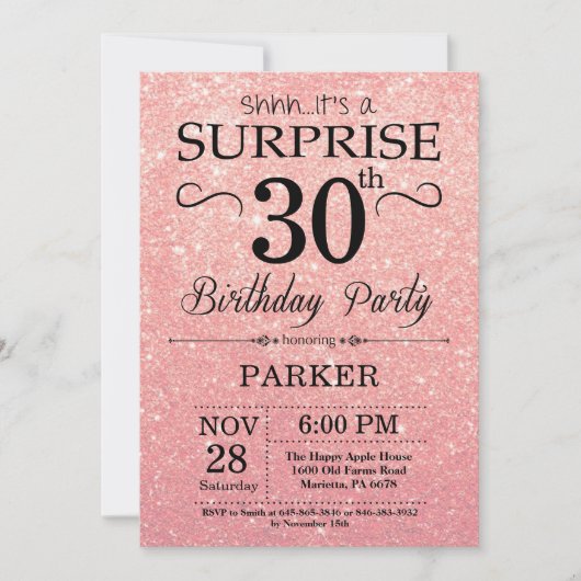 Invitation Parties scintillant rose or rose Surprise 30e anni (Devant)