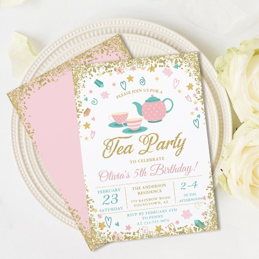 Invitation Parties scintillant rose or Tea Party filles Anniv