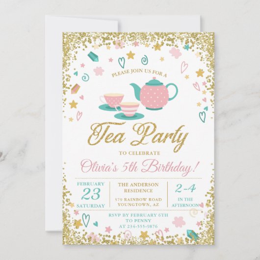 Invitation Parties scintillant rose or Tea Party filles Anniv (Devant)