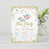 Invitation Parties scintillant rose or Tea Party filles Anniv (Debout devant)