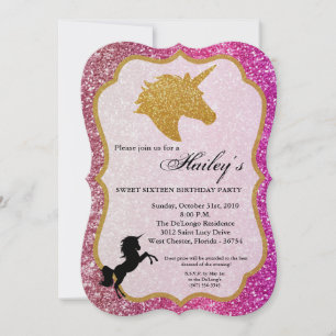 Invitation Parties scintillant Rose or Unicorn Sweet 16 Anniv