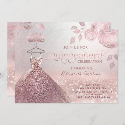 Invitation parties scintillant rose paillettes robe or rose Q (Devant / Derrière)