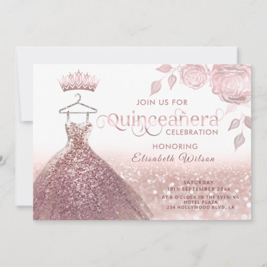 Invitation parties scintillant rose paillettes robe or rose Q (Devant)