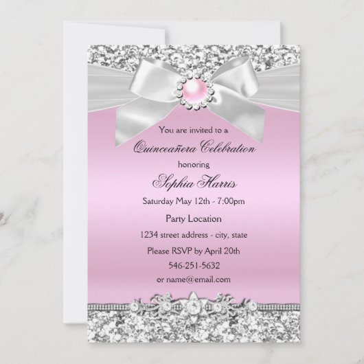 Invitation Parties scintillant rose pâle Pearl Bow Quinceaner (Devant)