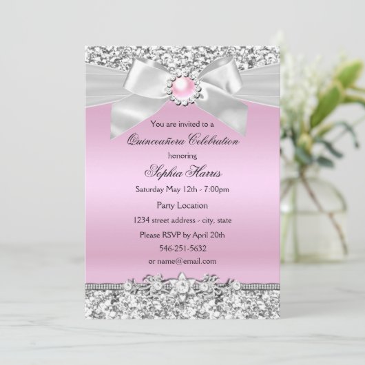 Invitation Parties scintillant rose pâle Pearl Bow Quinceaner (Debout devant)