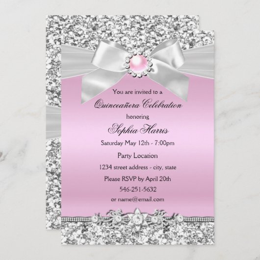 Invitation Parties scintillant rose pâle Pearl Bow Quinceaner (Devant / Derrière)