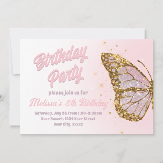 Invitation Parties scintillant rose papillon design Anniversa (Devant)