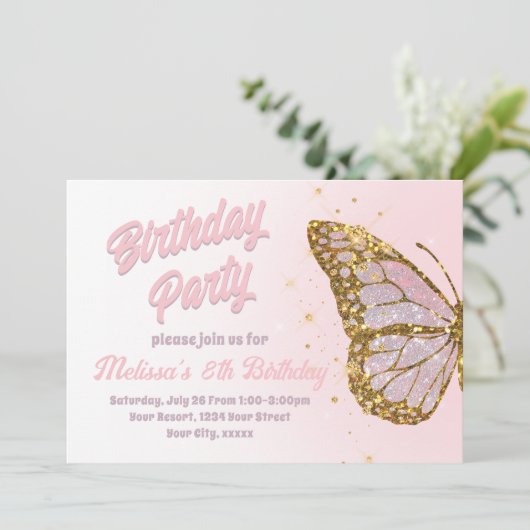 Invitation Parties scintillant rose papillon design Anniversa (Debout devant)