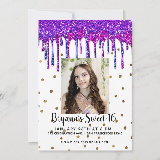 Invitation Parties scintillant rose pourpre Drip Anniversaire (Devant)