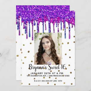 Invitation Parties scintillant rose pourpre Drip Anniversaire