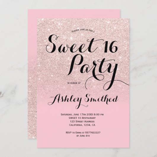 Invitation Parties scintillant rose rose candy moderne ombre  (Devant / Derrière)