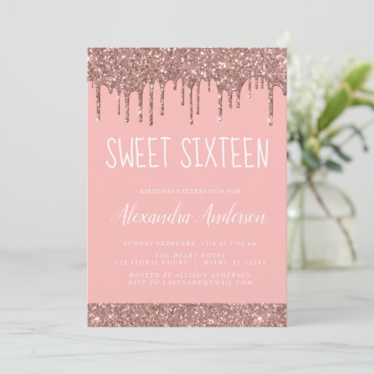 Invitation Parties scintillant rose rose dorée douce 16 Anniv (Debout devant)