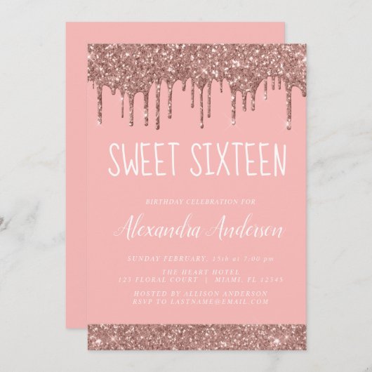 Invitation Parties scintillant rose rose dorée douce 16 Anniv (Devant / Derrière)