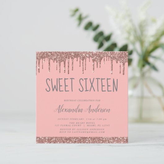 Invitation Parties scintillant rose rose dorée douce 16 Anniv (Debout devant)